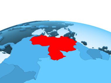 Venezuela Haritası kırmızı şeffaf okyanuslar ile mavi siyasi dünya üzerinde. 3D çizim.