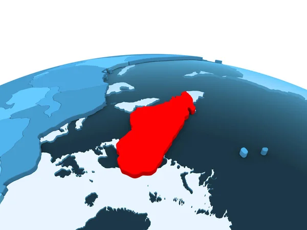 马达加斯加的地图在红色在蓝色政治地球与透明的海洋 — 图库照片