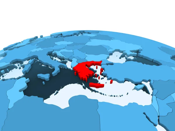 Mapa Grecia Rojo Sobre Globo Político Azul Con Océanos Transparentes — Foto de Stock