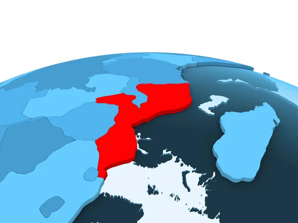 Mapa Moçambique Vermelho Globo Político Azul Com Oceanos Transparentes Ilustração — Fotografia de Stock
