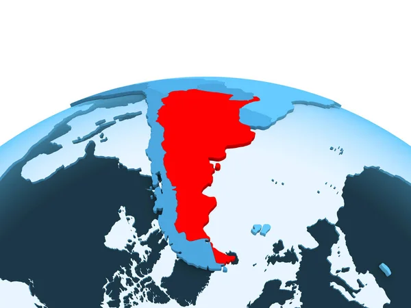 Mapa Argentina Rojo Sobre Globo Político Azul Con Océanos Transparentes — Foto de Stock