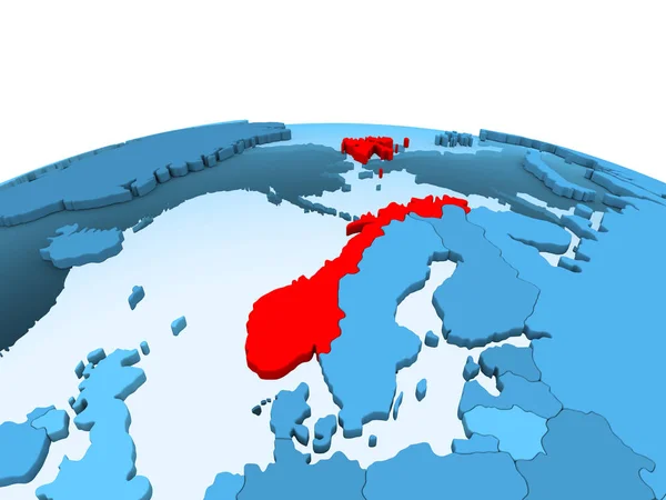 Мапа Норвегії Червоний Колір Синій Політичних Глобусом Допомогою Прозорих Океанів — стокове фото