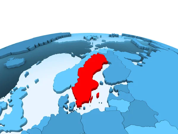 Mapa Suecia Rojo Sobre Globo Político Azul Con Océanos Transparentes — Foto de Stock