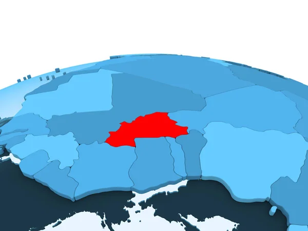 布基纳法索的地图在红色在蓝色政治地球与透明的海洋 — 图库照片