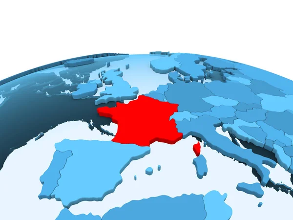 Map of France in red on blue political globe with transparent oceans. 3D illustration.