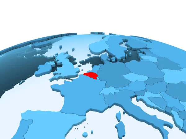 Mappa Del Belgio Rosso Globo Politico Blu Con Oceani Trasparenti — Foto Stock