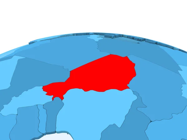 尼日尔的地图在红色在蓝色政治地球与透明的海洋 — 图库照片