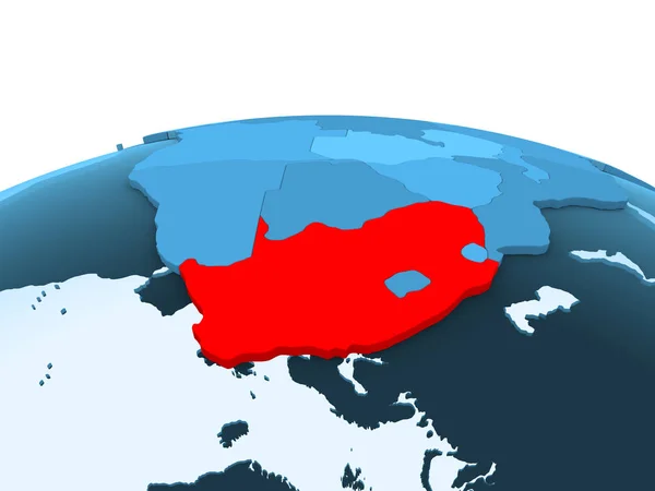 Mapa Sudáfrica Rojo Sobre Globo Político Azul Con Océanos Transparentes — Foto de Stock