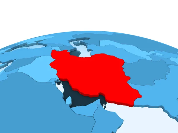 Mapa Irán Rojo Sobre Globo Político Azul Con Océanos Transparentes — Foto de Stock