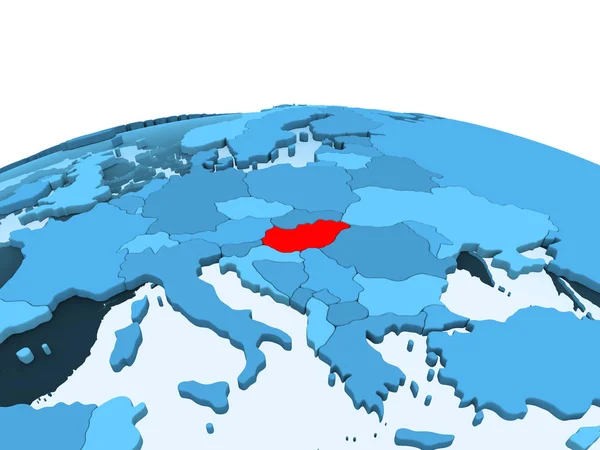 Mappa Dell Ungheria Rosso Globo Politico Blu Con Oceani Trasparenti — Foto Stock