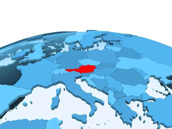 Mapa Austria Rojo Sobre Globo Político Azul Con Océanos Transparentes —  Fotos de Stock