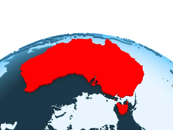 澳大利亚的地图在红色在蓝色政治地球与透明的海洋 — 图库照片