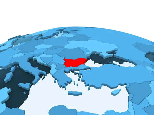 Bulgaristan Haritası Kırmızı Şeffaf Okyanuslar Ile Mavi Siyasi Dünya Üzerinde — Stok fotoğraf