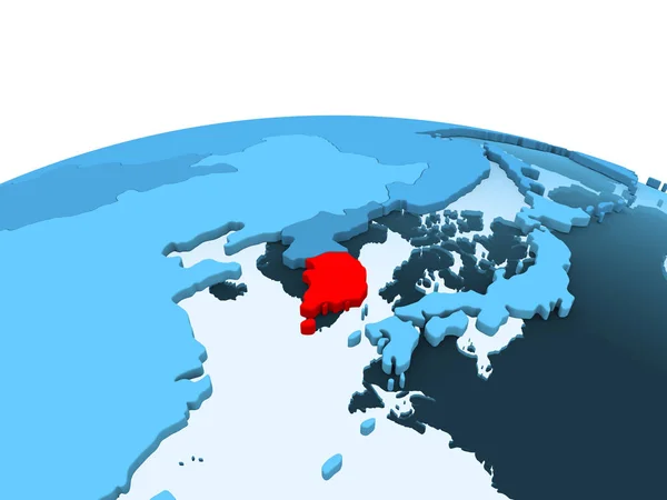 Map of South Korea in red on blue political globe with transparent oceans. 3D illustration.