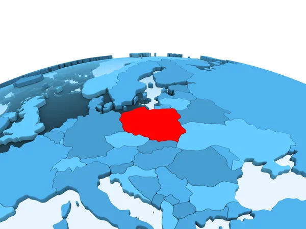 Mappa Della Polonia Rosso Globo Politico Blu Con Oceani Trasparenti — Foto Stock