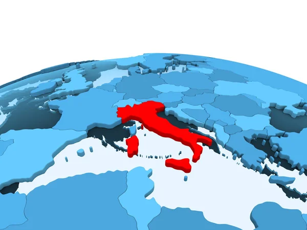 Карта Италии Красном Голубом Политическом Глобусе Прозрачными Океанами Иллюстрация — стоковое фото