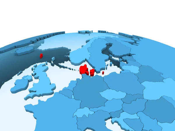 Mapa Dinamarca Rojo Sobre Globo Político Azul Con Océanos Transparentes —  Fotos de Stock