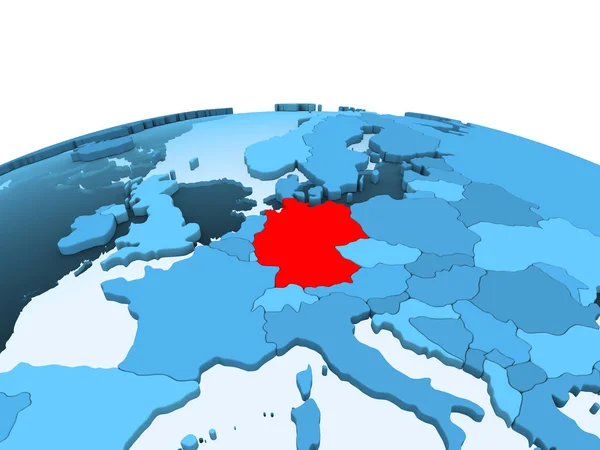 Mapa Alemania Rojo Sobre Globo Político Azul Con Océanos Transparentes — Foto de Stock