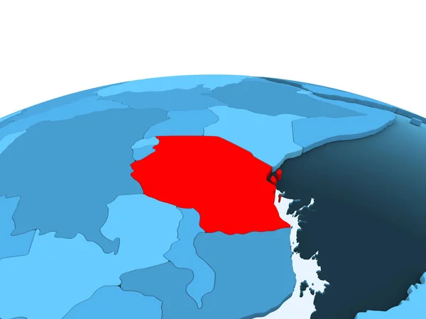 地图坦桑尼亚在红色在蓝色政治地球与透明的海洋 — 图库照片