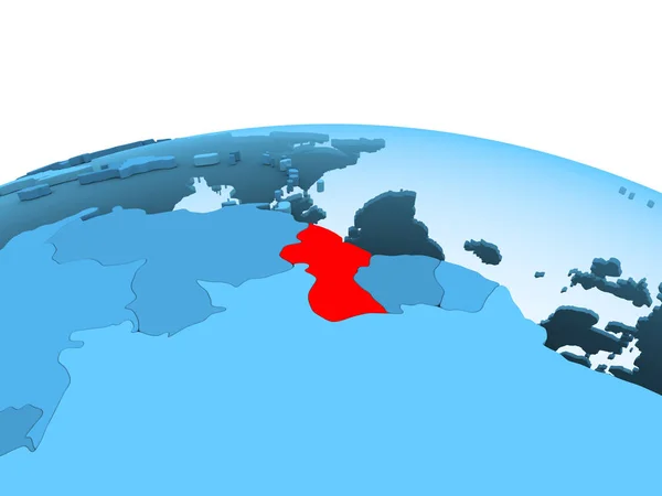 圭亚那的地图在红色在蓝色政治地球与透明的海洋 — 图库照片