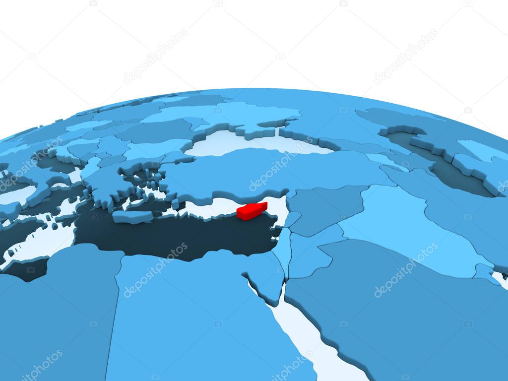 Map of Cyprus in red on blue political globe with transparent oceans. 3D illustration.