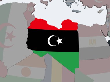 Libya katıştırılmış bayrak ile siyasi dünya üzerinde. 3D çizim.