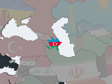 Azerbaycan katıştırılmış bayrak ile siyasi dünya üzerinde. 3D çizim.