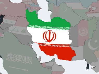 Iran katıştırılmış bayrak ile siyasi dünya üzerinde. 3D çizim.