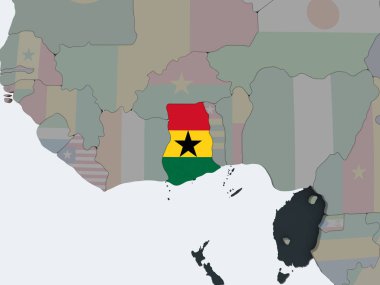 Gana katıştırılmış bayrak ile siyasi dünya üzerinde. 3D çizim.