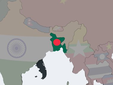 Bangladeş katıştırılmış bayrak ile siyasi dünya üzerinde. 3D çizim.