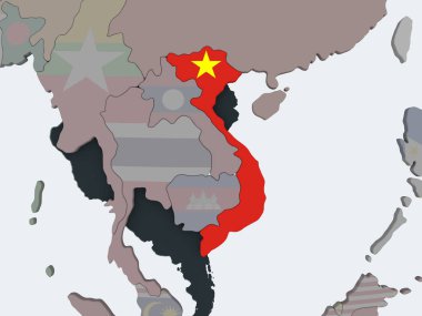 Vietnam katıştırılmış bayrak ile siyasi dünya üzerinde. 3D çizim.