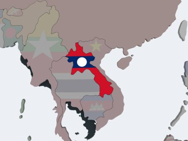 Laos katıştırılmış bayrak ile siyasi dünya üzerinde. 3D çizim.
