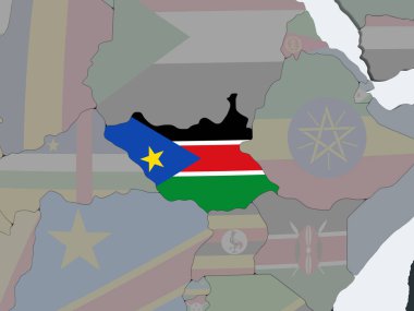 Güney Sudan katıştırılmış bayrak ile siyasi dünya üzerinde. 3D çizim.