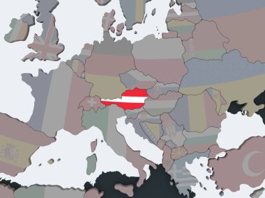 Avusturya katıştırılmış bayrak ile siyasi dünya üzerinde. 3D çizim.