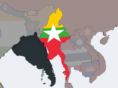 Myanmar katıştırılmış bayrak ile siyasi dünya üzerinde. 3D çizim.
