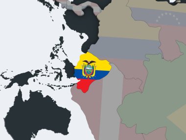 Ekvador katıştırılmış bayrak ile siyasi dünya üzerinde. 3D çizim.