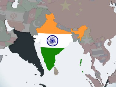 Hindistan katıştırılmış bayrak ile siyasi dünya üzerinde. 3D çizim.