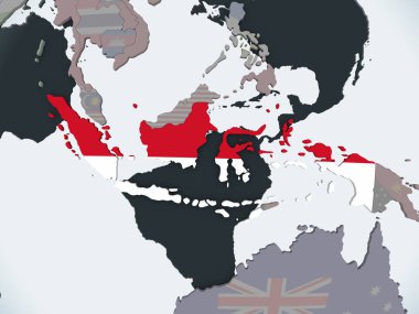 Endonezya katıştırılmış bayrak ile siyasi dünya üzerinde. 3D çizim.