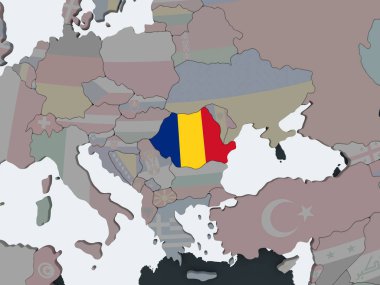 Romanya katıştırılmış bayrak ile siyasi dünya üzerinde. 3D çizim.