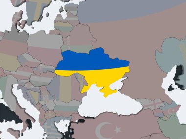 Ukrayna katıştırılmış bayrak ile siyasi dünya üzerinde. 3D çizim.
