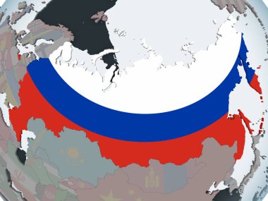 Rusya katıştırılmış bayrak ile siyasi dünya üzerinde. 3D çizim.