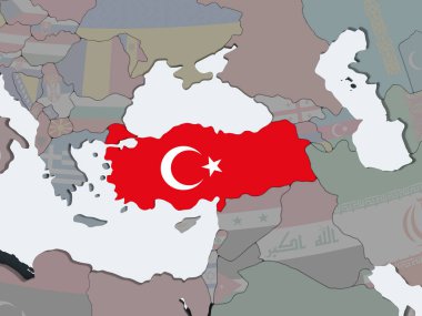 Türkiye katıştırılmış bayrak ile siyasi dünya üzerinde. 3D çizim.