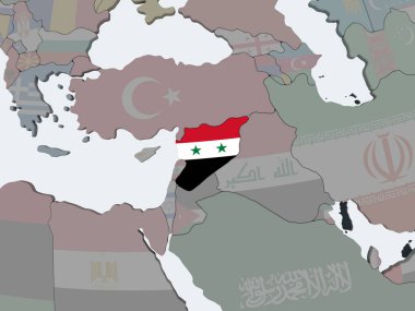 Suriye katıştırılmış bayrak ile siyasi dünya üzerinde. 3D çizim.