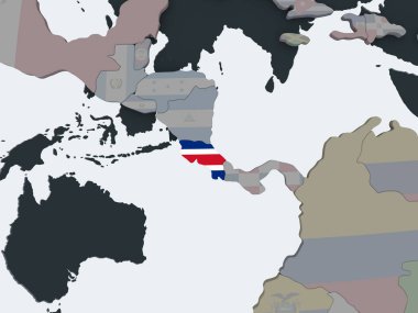 Kosta Rika katıştırılmış bayrak ile siyasi dünya üzerinde. 3D çizim.