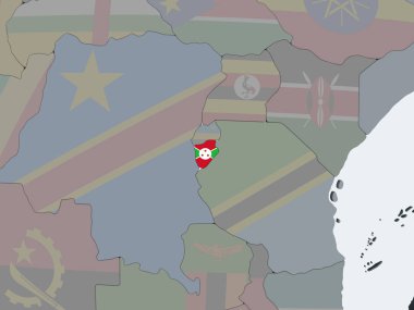 Burundi katıştırılmış bayrak ile siyasi dünya üzerinde. 3D çizim.