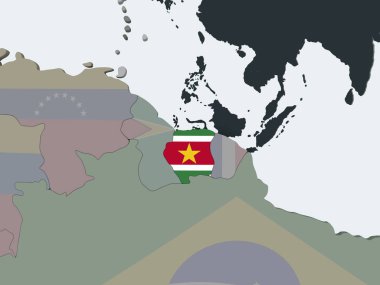 Surinam katıştırılmış bayrak ile siyasi dünya üzerinde. 3D çizim.