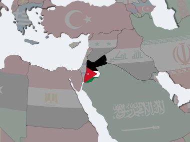 Jordan katıştırılmış bayrak ile siyasi dünya üzerinde. 3D çizim.