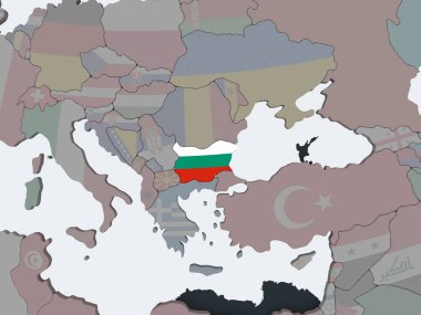 Bulgaristan katıştırılmış bayrak ile siyasi dünya üzerinde. 3D çizim.