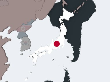 Japonya ile siyasi dünya üzerinde bayrak gömülü. 3D çizim.