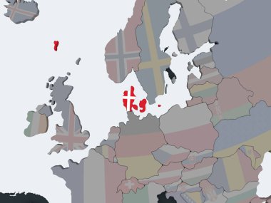 Danimarka katıştırılmış bayrak ile siyasi dünya üzerinde. 3D çizim.